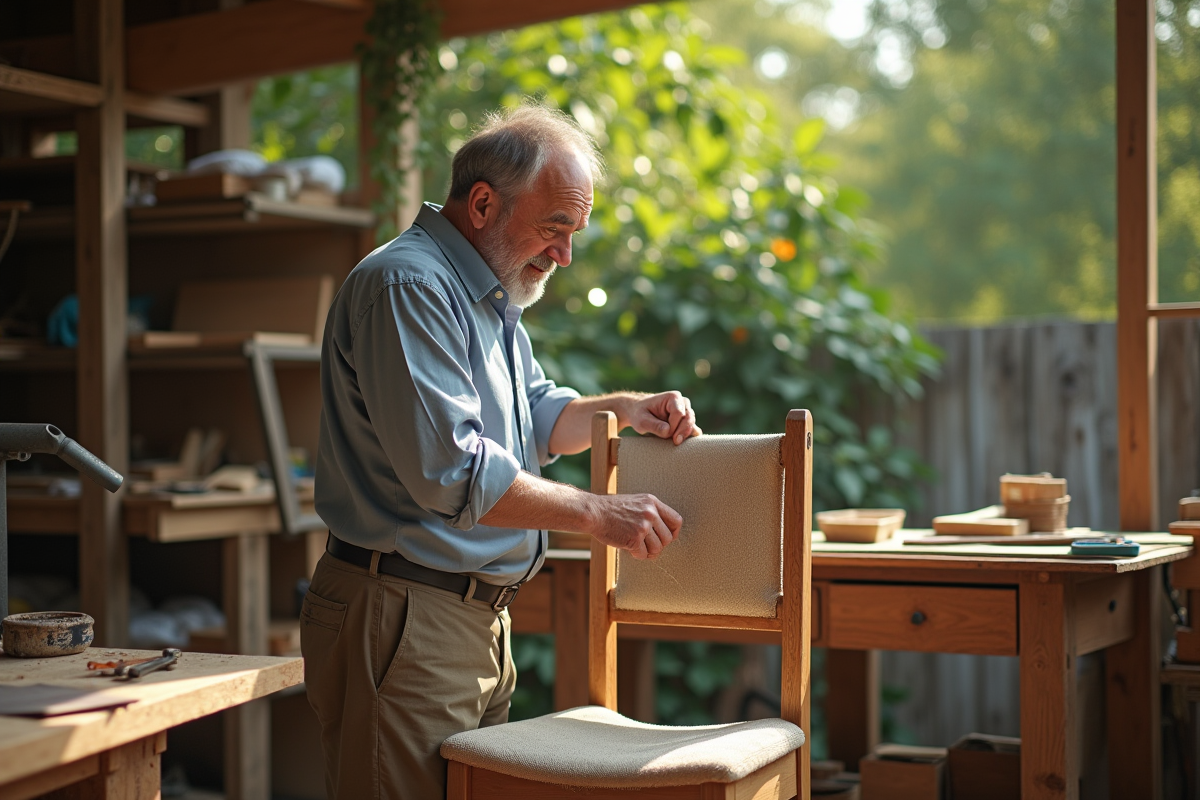 Homme retraité réparant une chaise en atelier en plein air