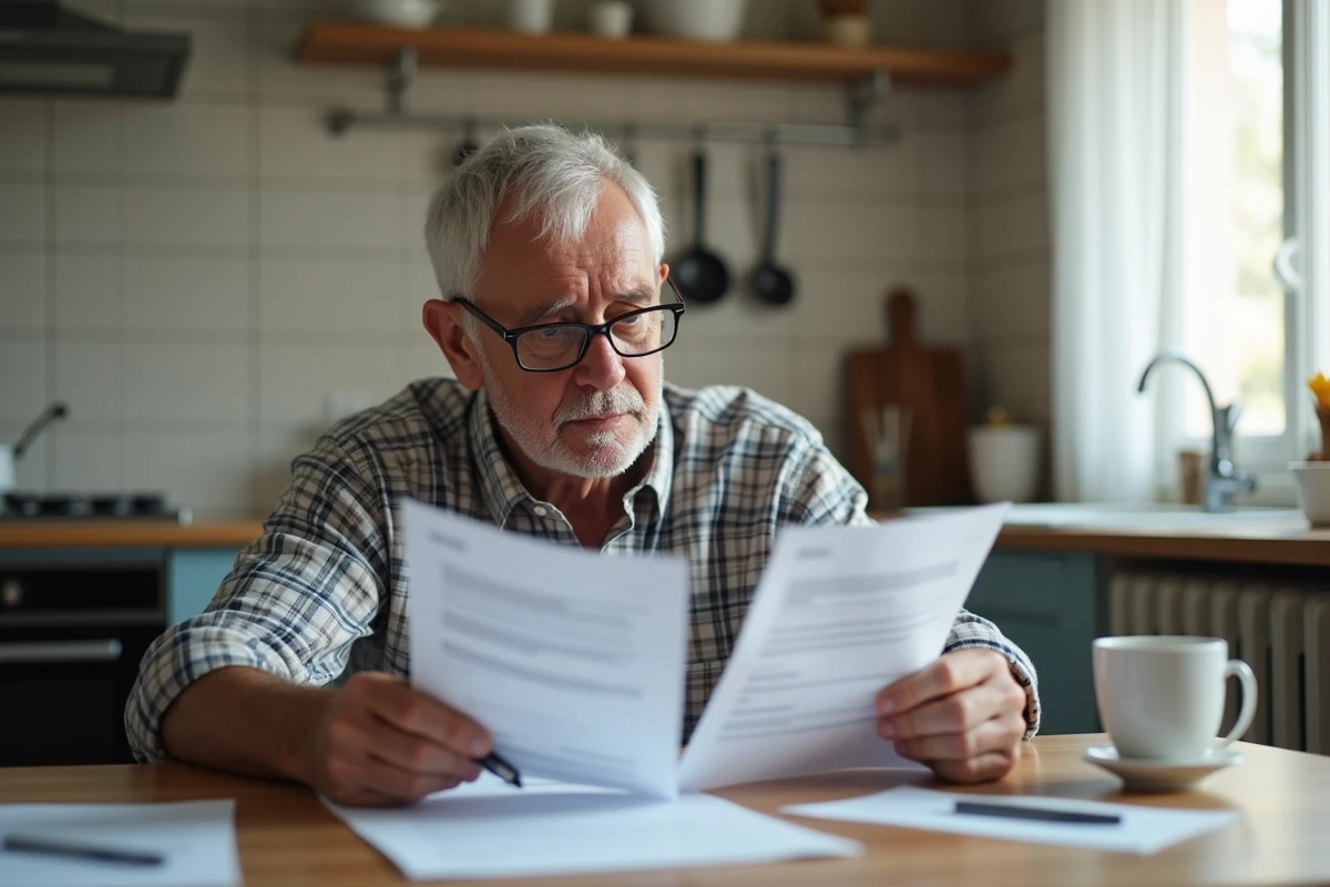 Homme retraité comparant deux contrats d'assurance vie à la table de sa cuisine, cherchant à identifier les problèmes et frais cachés avant signature