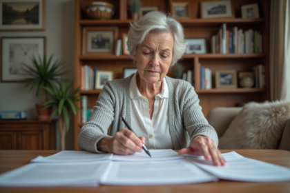 Femme senior organisant ses papiers de retraite à la maison