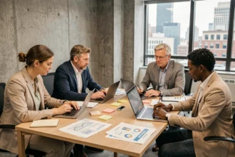 Équipe de professionnels d'une ONG en réunion stratégique autour d'une table de conférence avec rapports et ordinateurs portables