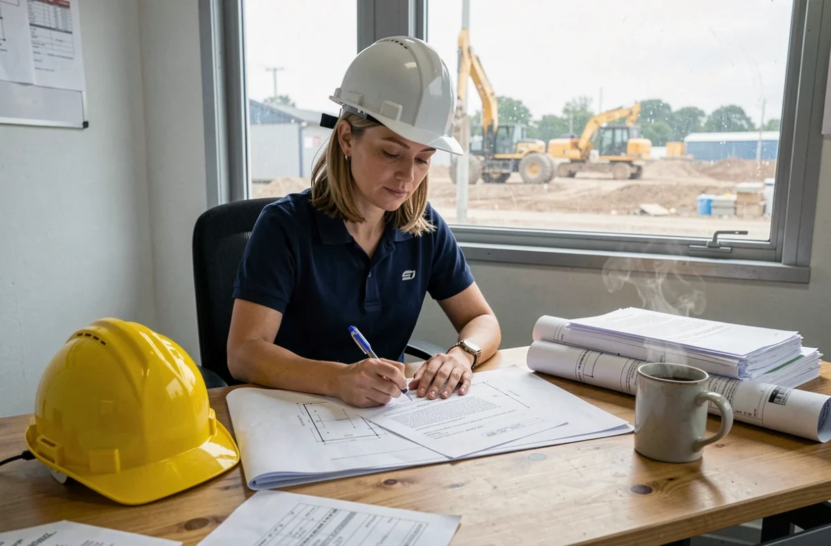 Artisane entrepreneur signant un contrat d'assurance décennale dans un bureau de chantier