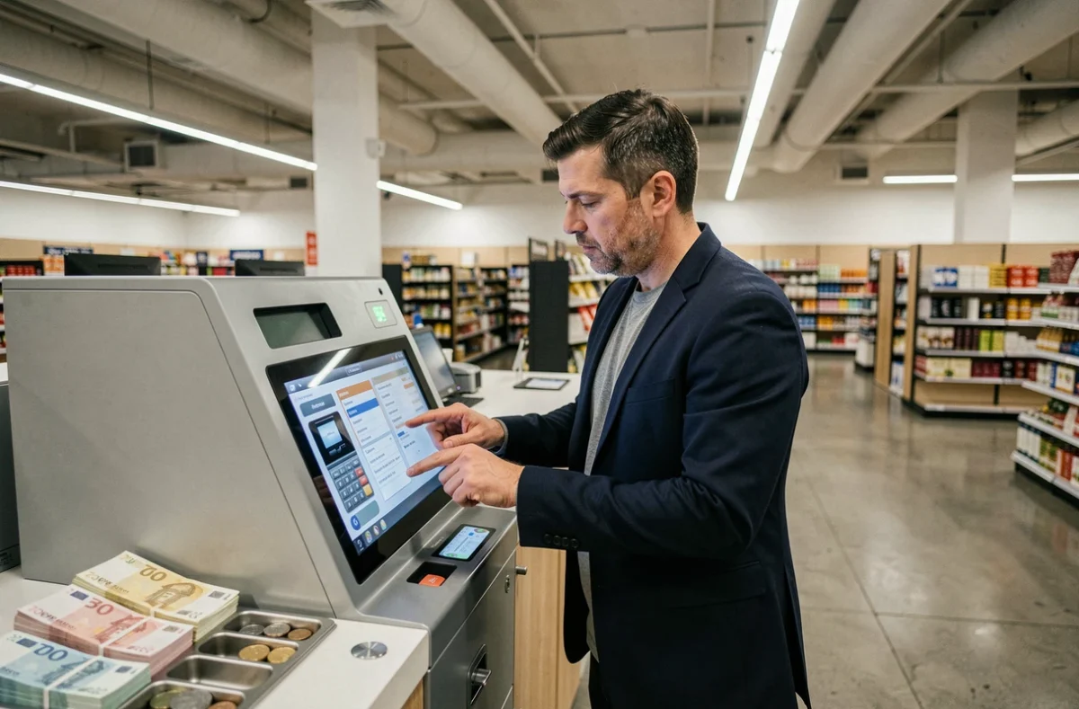 Homme d'affaires utilisant un simulateur de caisse en ligne sur une borne tactile avec des billets et pièces d'euros