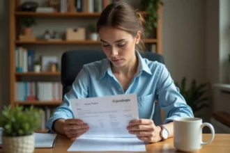 Femme consultant un bulletin de salaire à temps partiel 25 heures au bureau à domicile, calculant son salaire brut et net au SMIC