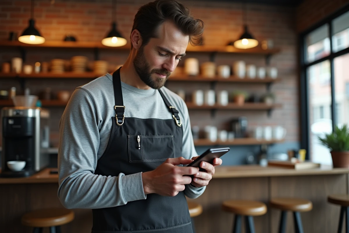 Employé de café consultant un planning et une calculatrice pour estimer son salaire SMIC pour 25 heures de travail hebdomadaires