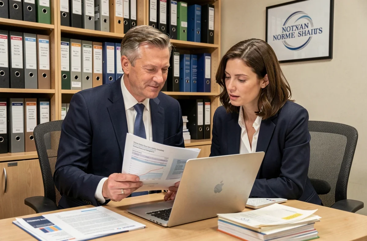 Deux professionnels de Soficom examinant des rapports financiers dans un bureau normand organisé