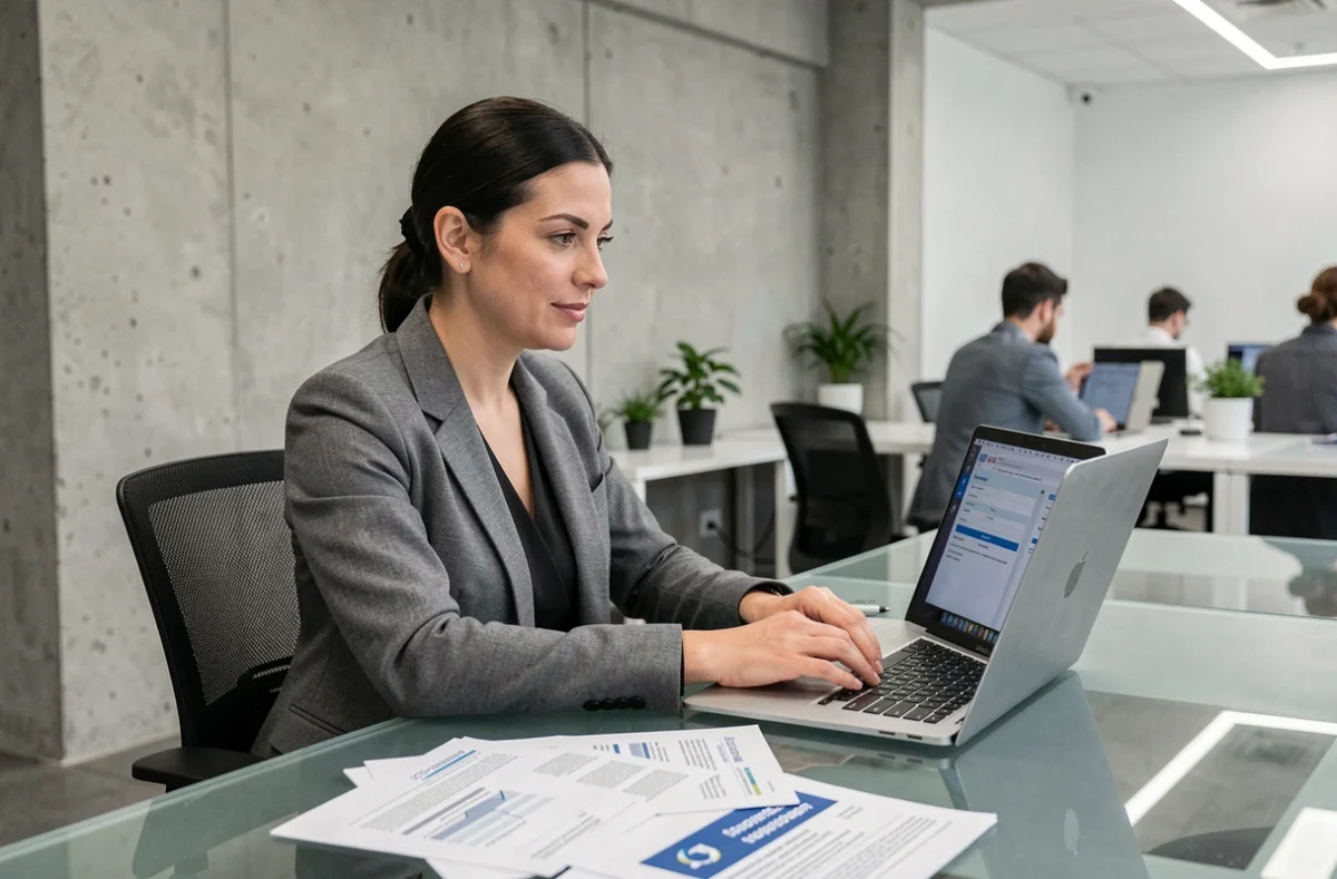 Femme souscrivant des parts de SCPI en direct sur ordinateur dans un espace de coworking