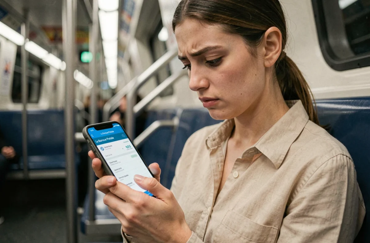 Jeune femme consultant une application mobile pour suivre un virement La Banque Postale dans les transports