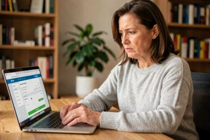 Femme consultant le suivi d'un virement La Banque Postale sur son ordinateur portable à domicile