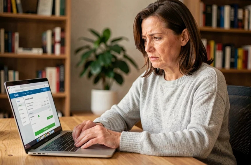 Femme consultant le suivi d'un virement La Banque Postale sur son ordinateur portable à domicile