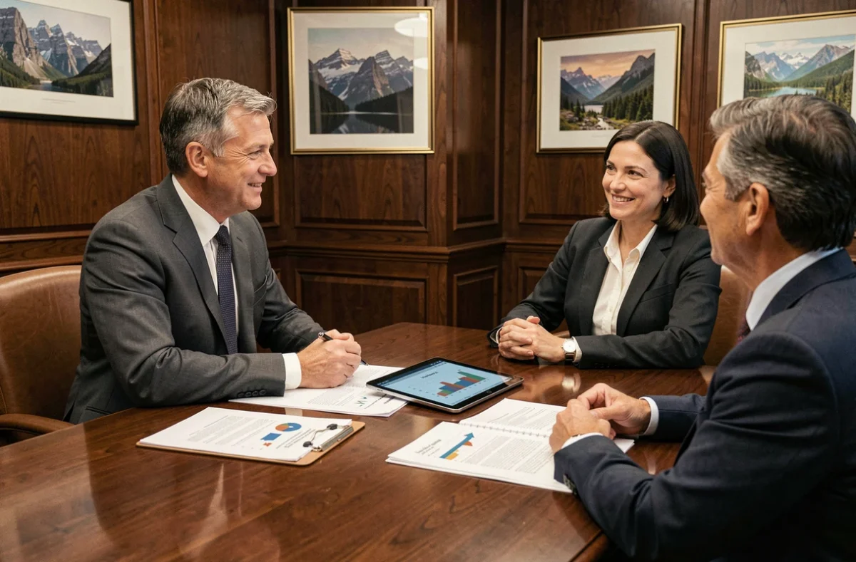 Consultant de Talenz Alteis Conseil discutant d'optimisation fiscale avec des clients dans un bureau haut de gamme