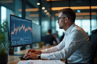 Trader analysant les cours du prix du cuivre au kilogramme sur des écrans de bourse dans un bureau moderne