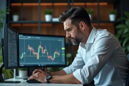 Trader analysant un pattern double bottom sur graphique boursier devant un écran d'ordinateur dans un bureau professionnel