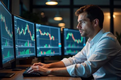 Trader intraday analysant en temps réel les cotations ArcelorMittal sur plusieurs écrans de trading professionnels