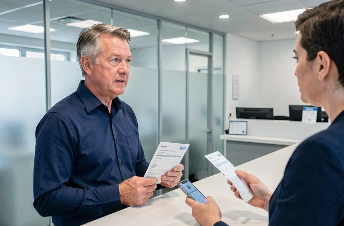 Client vérifiant le statut d'un virement en cours au guichet d'une agence La Banque Postale