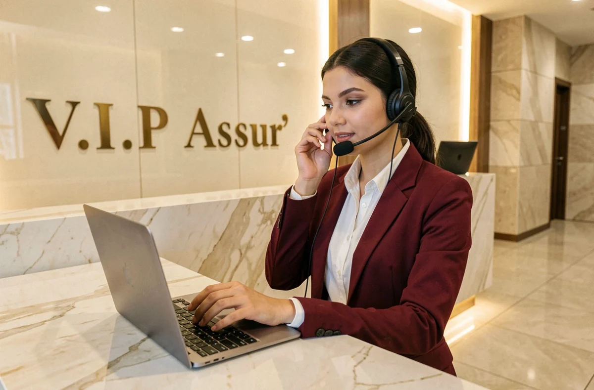 Une conseillère de V.I.P Assur' gère des demandes de clients depuis un espace de réception haut de gamme