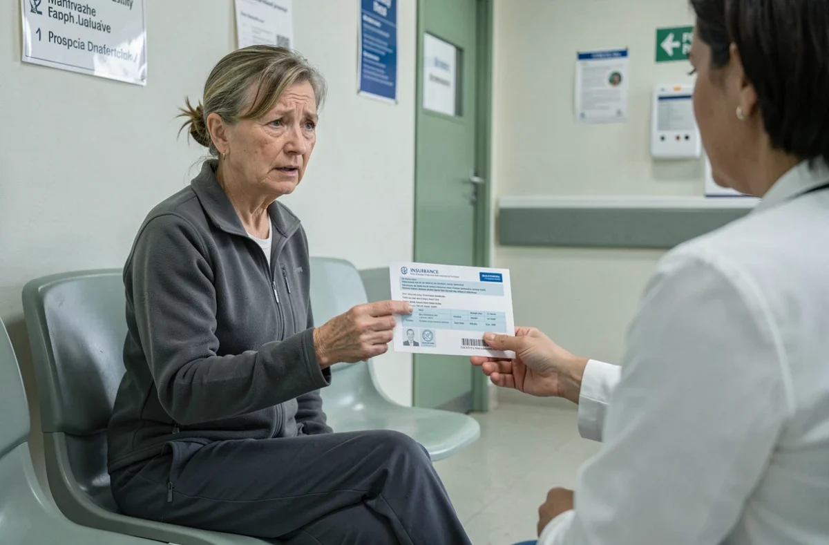 Voyageuse présentant son attestation d'assurance voyage à la réception d'un hôpital à l'étranger